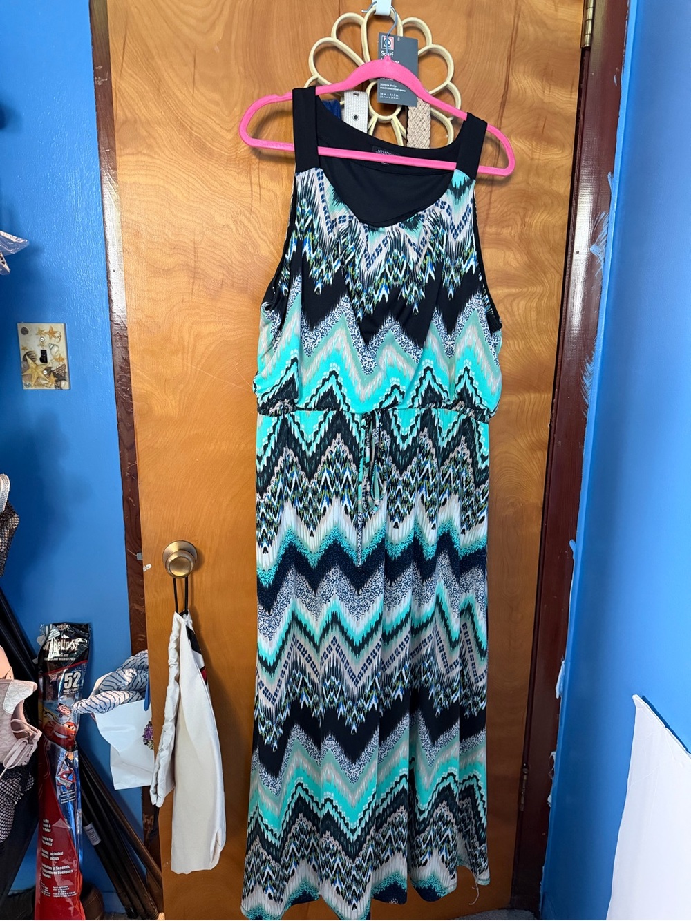 Notations Teal, Black and White Chevron Maxi Dress